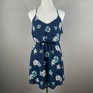 Lush‎ Womens Dress Size S Floral Navy Blouson V Neck Tie Back Summer